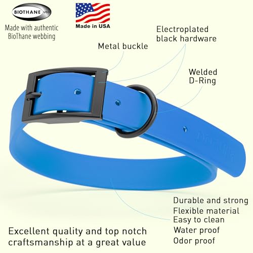 Biothane Waterproof Dog Collar Strong Coated Nylon Webbing with Black Hardware Odor (W1" x L18-22" / Cerulean Blue)