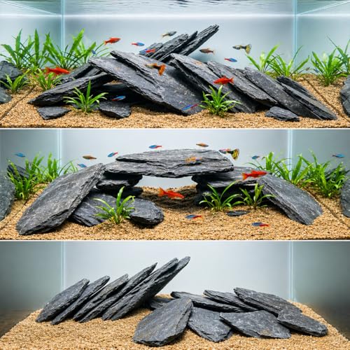 Aquarium Rock Natural Slate Rocks 2 to 6 inch Aquariums Stone for Aquascaping (10lb(2-7''))