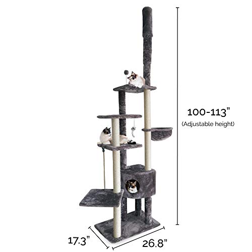 100" 113" Tall Cat Tree for Indoor Cats w (Cat Tower / Skyscraper Playground (Gray))