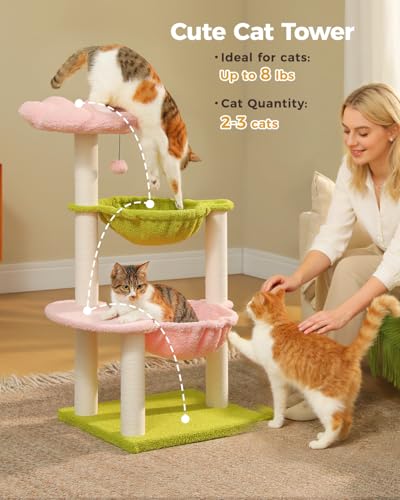 37.4" Flower Cat Tree with 2 Hammocks & 6 Sisal Posts (37.4" / Pink)