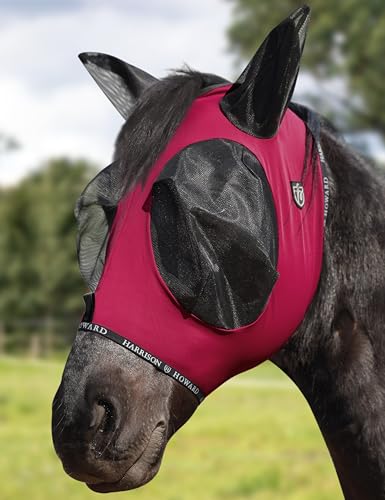 Horse Fly Mask with Forelock Opening Stretch Breathable and Comfortable for Horses UV (Burgundy / L)