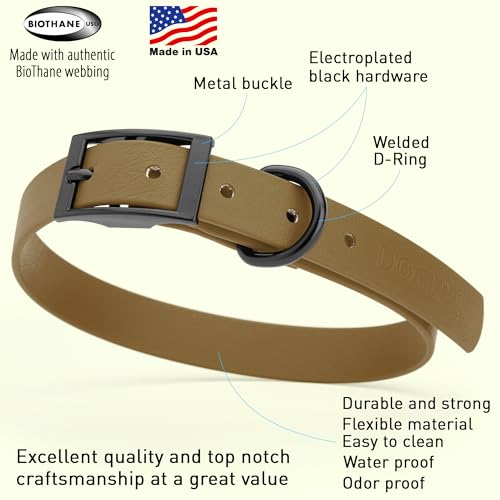 Biothane Waterproof Dog Collar Strong Coated Nylon Webbing with Black Hardware Odor (W3/4" x L15-18" / Coyote Brown)