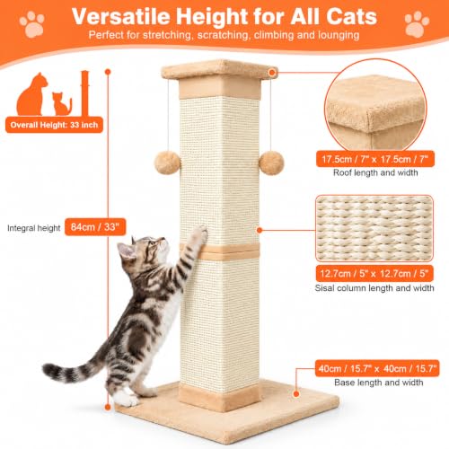 Cat Scratching Post 33 Inch Nature Sisal Cat Scratch Post for Indoor Cats (Orange)