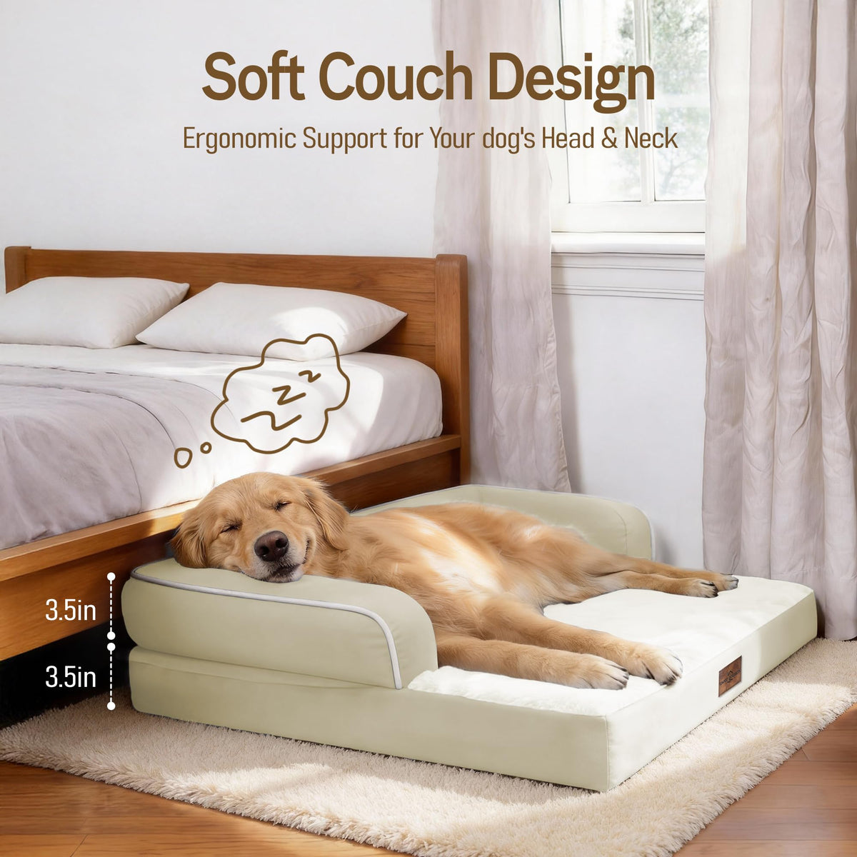 Waterproof XXL Dog Bed with Bolster for Extra Large Dogs (Beige / 45"L x 35"W x 8"Th)