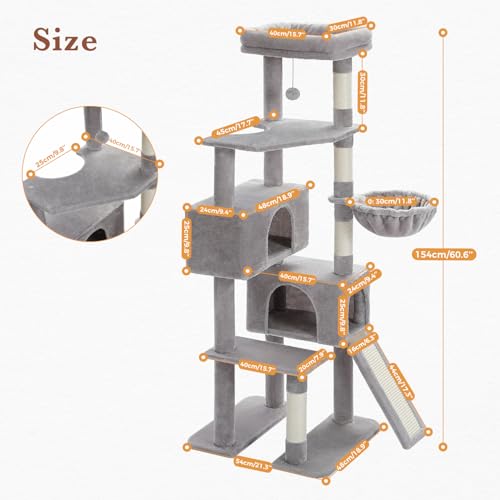 Cat Tree 60 Inches Cat Tower with Dual Condos (L-60" / Gray)