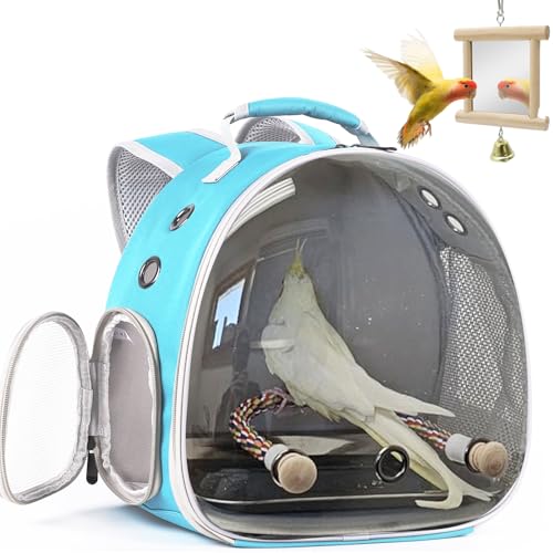 Parrot Travel Carrier Bubble Window Backpack with Mirror Standing Toy (Green / 12.0"L x 8.0"W x 12.0"H)