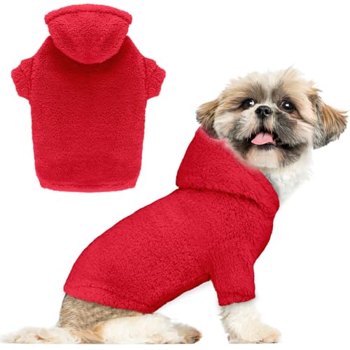 Fuzzy Dog Sweaters for Small Dogs Dog Hoodie Pet Clothes Warm Soft Cozy Coats Hooded Sweatshirt Fleece Small Pet Hoodies Sweater (X-Small / Red)