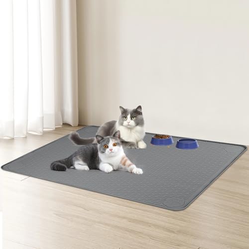 Cat Food Mat Extra Large Silicone Pet Bowl Mat 34''x22'' (Dark Grey / 34"L x 22"W)