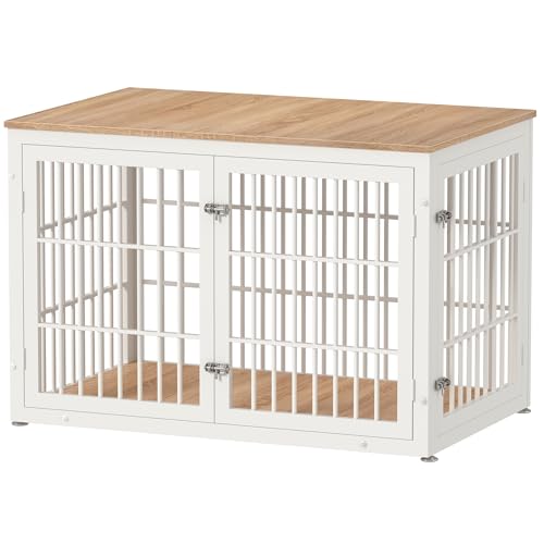 46" Heavy Duty Dog Crate Furniture for Large Dogs (White + Natural / 46.0"L x 29.1"W x 31.1"H)