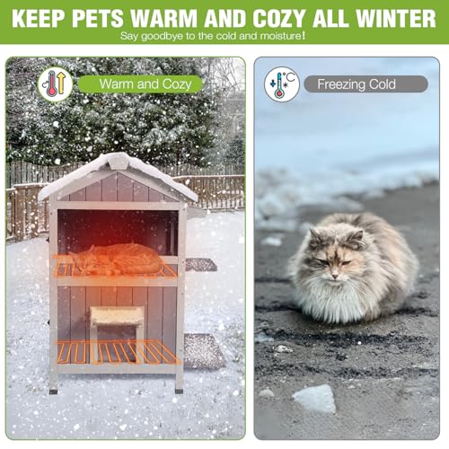 2 Story Large Heated Cat House Outdoor Insulated Cat House Weatherproof Feral Cat Shelter with Safe Heating Pad