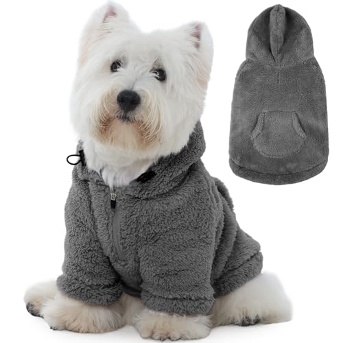 Fuzzy Dog Sweater with Adjustable Hood & Harness Hole (Small / Grey)