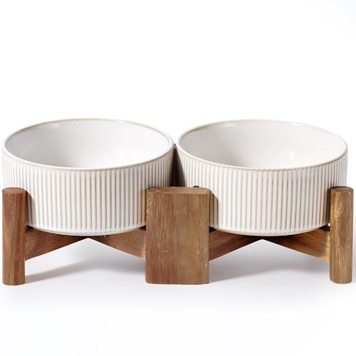 Ceramic Dog Bowls Set with Acacia Wood Stand (Large-3.5Cups / Vintage White)