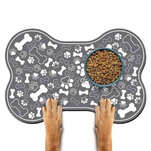 Dog & Cat Food Mat Bone Shaped Pet Feeding Mat Quick Absorb Water Bowl Placemat with Rubber Backing Indoor Floor Stain Resistant Pet Accessory Supplies (Dark Gray / 16"L x 24"W)