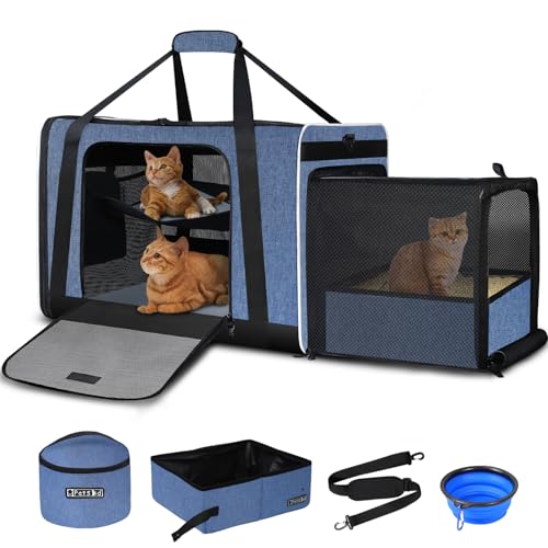 Side Expandable Extra Large Cat Carrier with Litter Box (Blue)