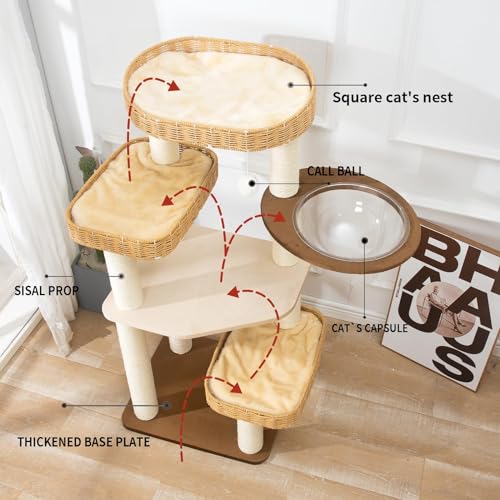 51 Inch Woven Cat Tree Tower for Large Cats with Clear Capsule Bed