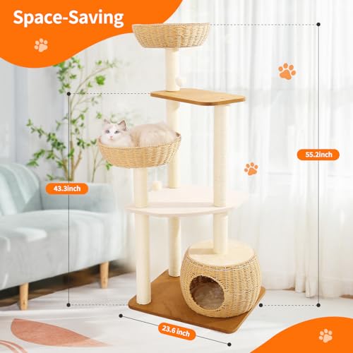 55.5 Inch Modern Cat Tree for Large Cats with Woven Rattan Beds (1)