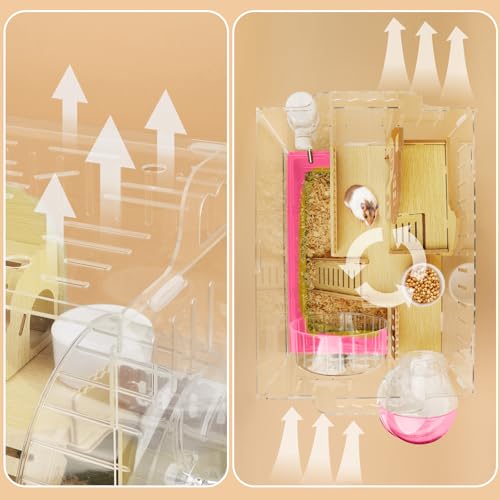 8 in 1 Clear Acrylic Hamster Cage with All Accessories (13.4"L x 10.2"W x 12.6"H / Pink)