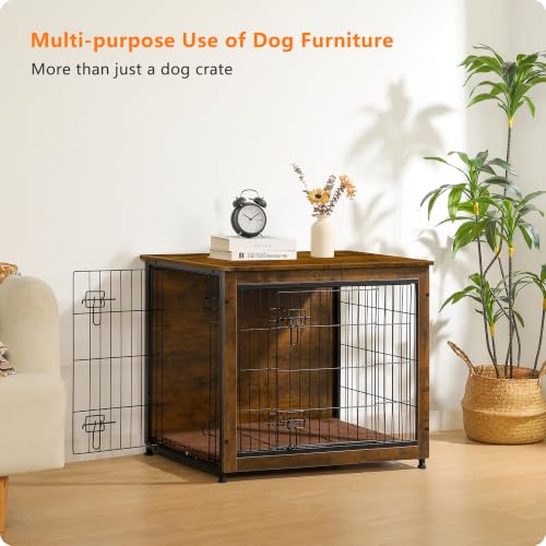 32.5" Dog Crate Furniture with Cushion (Rustic Brown / 32.5"L x 21.9"W x 25.6"H)