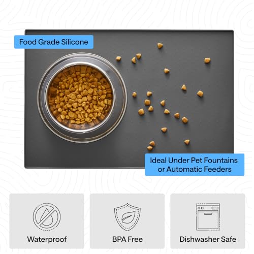 Dog Food Mat 100% Waterproof Silicone (Charcoal / 23"l X 15"w)