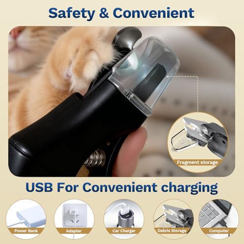 2 in 1 Dog Nail Clippers & Cat Nail Clippers Trimmers for Large Medium Small Dogs Cats Claw Trimmer Quick Sensor and Safety Guard USB Rechargeable Dogs Nail Trimmer with Catcher & 2 LED Lights (Black)