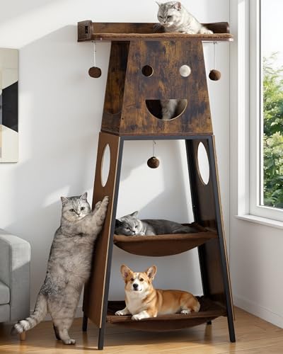 56in Modern Wood Cat Tree Tower for Indoor Cats with Hammock (Rustic Brown4 / 56 Inches)