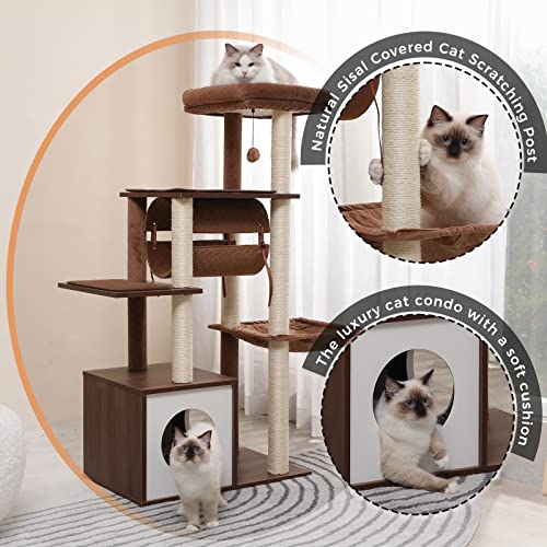 51.4in 6 Level Cat Tree for Indoor Cats with Swing Tunnel (Brown / L(25.6"L x 15.7"W x 51.4"H))