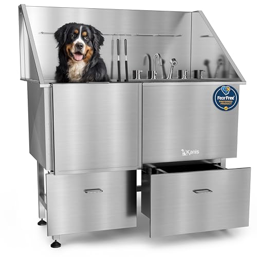 Professional Dog Washing Station 304 Stainless Steel Pet Wash Sink (Silver, Left Ramp, 2 Drawer / 50 Inches)