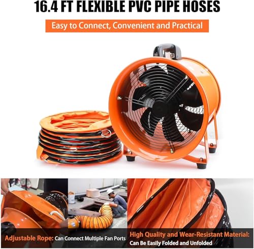 10-Inch High-Velocity Portable Utility Blower Fan, Industrial Exhaust Fan with 16.4ft Flexible Duct Hose, 3150 RPM Ventilator for Basements, Workshops, Warehouses, and Confined Spaces (10" x 16.4ft)