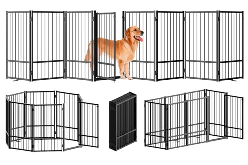 Full Metal Freestanding Dog Gate with Door (【8 Panels】160"W*32H" / Black)