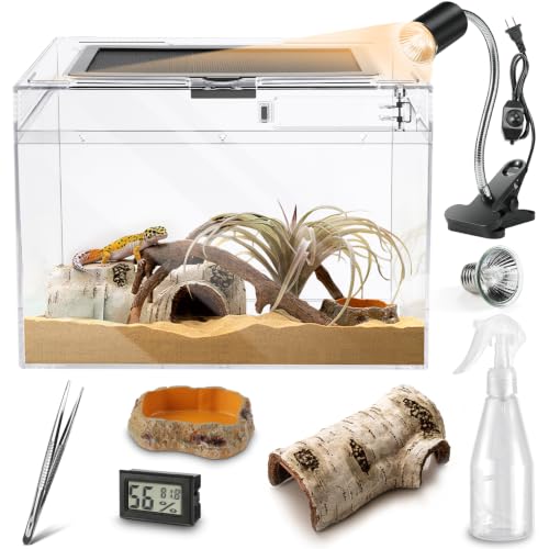 Reptile Tank 7 Piece Starter Kit with Escape Proof Locking Lid Large (Large(15.6x8x10IN))