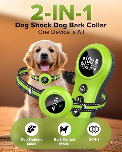 2-in-1 Dog Shock Collar & Bark Collar – 3300FT Dog Training Collar with Remote, Automatic Anti-Barking, 5 Adjustable Sensitivity Levels, IP67 Waterproof E-Collar for Small Medium Large Dogs (Green)