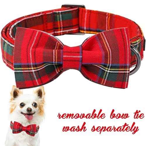 Christmas Dog and Cat Collar with Bow Pet Gift Adjustable Soft and Comfy Bowtie Collars for Small Medium Large Dogs (Large / red plaid)