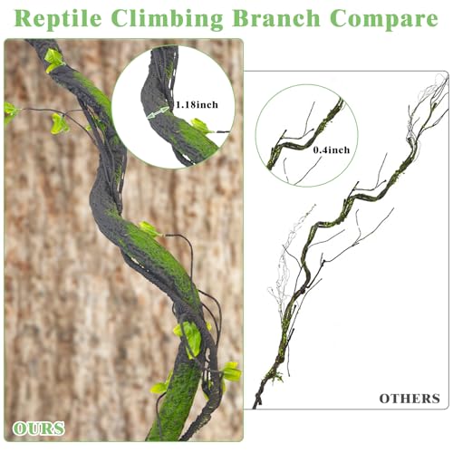 Medium Reptile Vines Thick Terrarium Plants 70 Inches Long Flexible Climbing Branch with Leaves Snake Tank Accessories Greenery Habitat Decor for Bearded Dragon Chameleon Gecko Lizard (Black Reptile Vines (Lengh:70" Dia: 1.2 In))