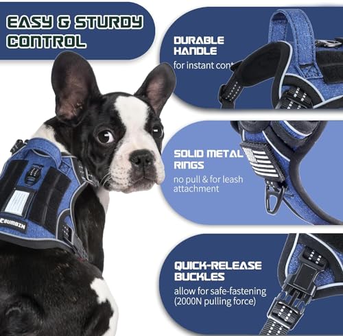 Tactical Dog Harness for Large Dogs No Pull (Denim Blue / L(Neck:19-25", Chest:21-35"))