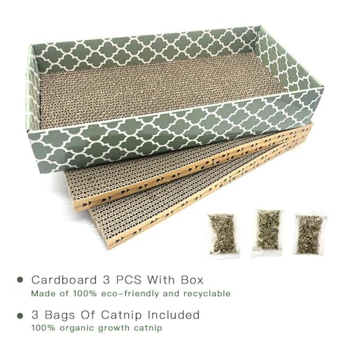Cat Scratcher Cardboard Scratching Pads Scratch Lounge Bed with Catnip 3PCS Reversible Corrugated Cardboard with Scratch Box (17.6"L x 8.6"W x 3.5"H)
