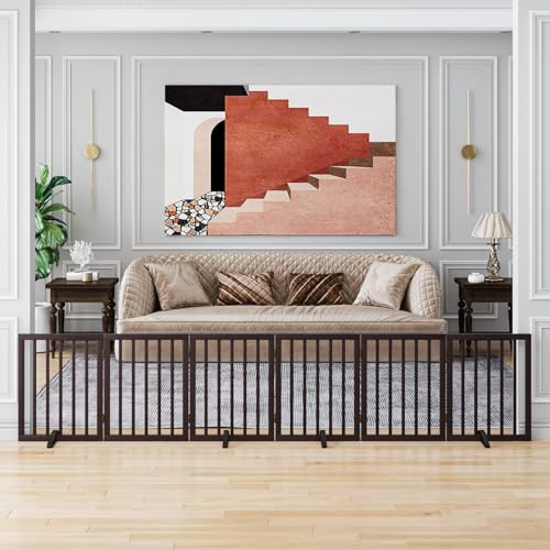 Dog Gates for the House Doorways Extra Wide 110 Inches Wood Freestanding Pet Gates for Dogs Indoor Fence with Support Stands (Espresso / 6 Panel - 110 inches Wide)