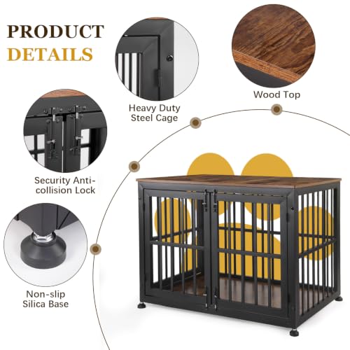 42 Inch Dog Crate Furniture for Large Medium Dogs (Black + Rustic Brown / 42.1"L x 28.2"W x 29.7"H)