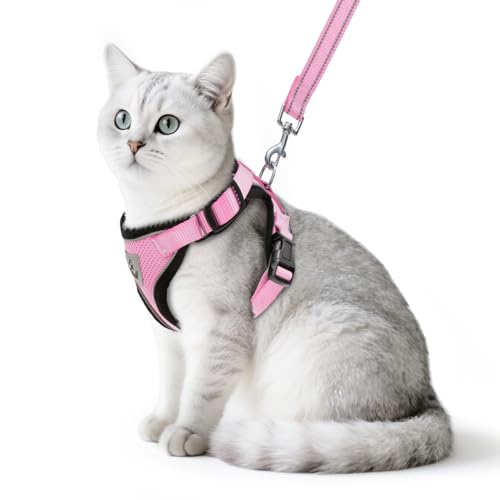 Cat Harness and Leash Set Escape Proof Reflective Cat Walking Harness Adjustable Soft Breathable Mesh Vest for Small Pets (S (NECK 9.5"-11", CHEST 13"-16") / Light Pink)