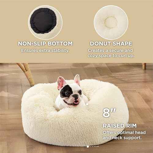 Calming Small Medium Dog Bed Donut Washable Puppy Bed (27"L x 27"W x 8"Th / Ivory Beige)