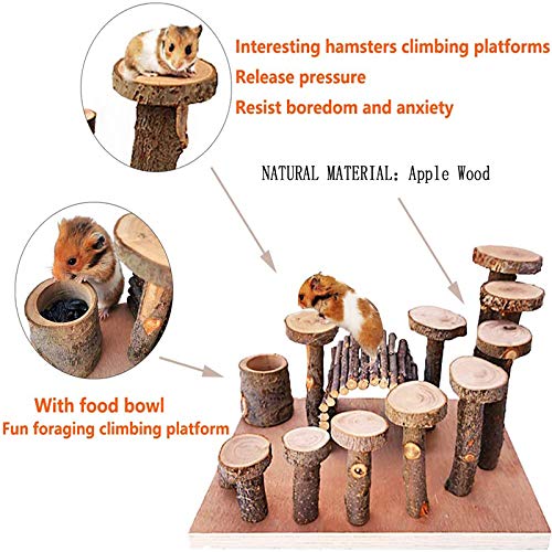 Wooden Hamster Platform Toy Chinchilla Activity Playground Stand Ladder Guinea Pigs Hideout Set Bridge Ramps Chew Toys for Mouse Gerbil Rat Sugar Glider Syrian Dwarf Hamster Small Animals (Platform with wooden bridge)