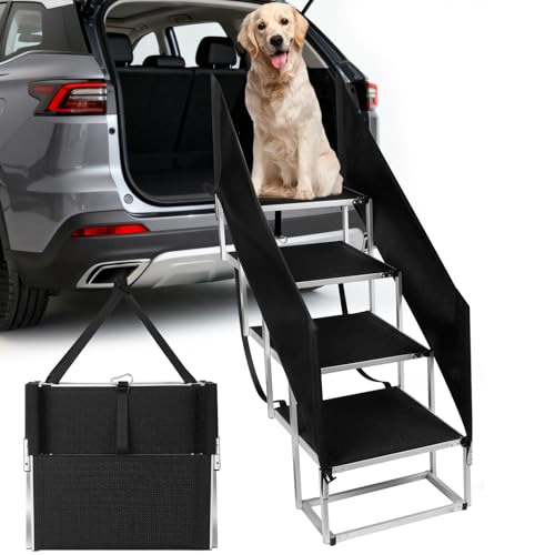 Dog Stairs with 𝗚𝘂𝗮𝗿𝗱𝗿𝗮𝗶𝗹 for Large Dogs (4-Steps Extra-Wide with a Guardrail / 20" W x 34-36" H)
