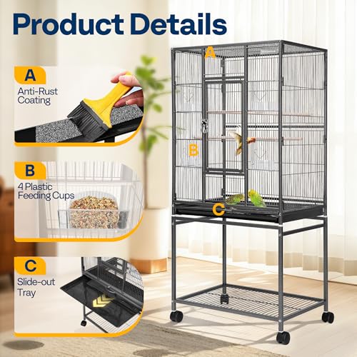 54 Inch Wrought Iron Large Bird Cage with Rolling Stand (Black)