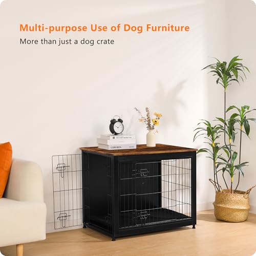 32.5" Dog Crate Furniture with Cushion (Black+Rustic Brown / 32.5"L x 21.9"W x 25.6"H)