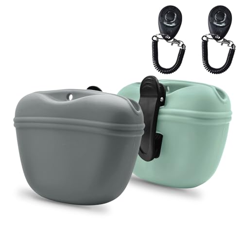 Silicone Dog Treat Pouch with Clicker Magnetic Closure Secure Clip (2 Pack / Light grey+Duck egg green)
