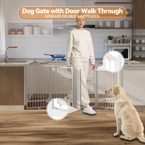 Full Metal Freestanding Dog Gate with Door (【4 Panels】80"W*36H" / White)