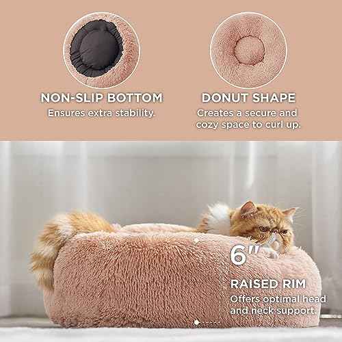 Calming Cat Beds Donut Round Washable Kitten Bed (20"L x 20"W x 6"Th / Pink)