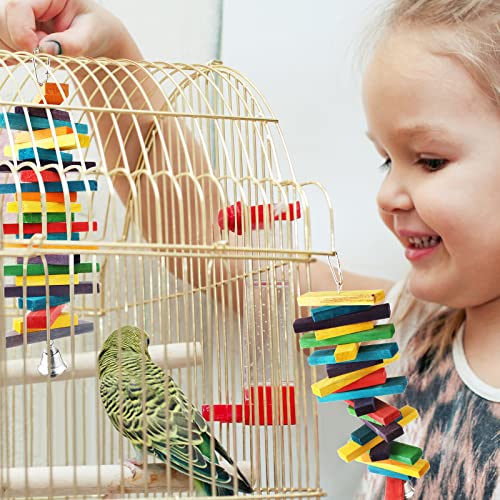 4 Pcs Bird Parrot Toys with Multicolored Natural Wood Blocks