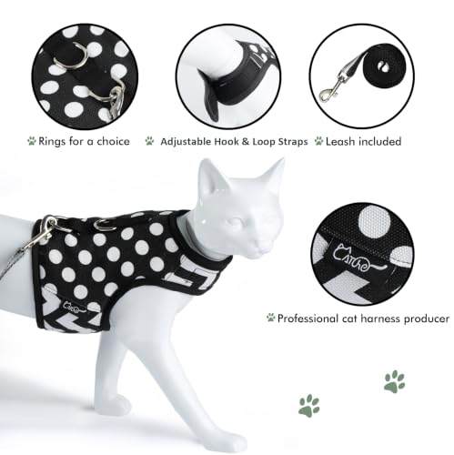 Cat Harness and Leash Set Escape Proof (Black Polka Dots / Xs 2-4 lbs)