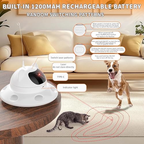 3-in-1 Auto Laser Cat Toy, USB Recharge Motion Activated Kitten Feather Chase Toy - Pure White (pure white)
