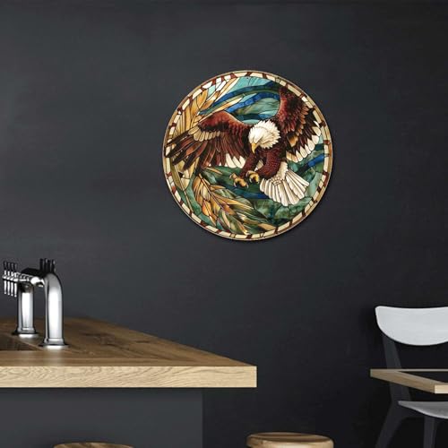 Metal Sign Tin Sign Circular Stained Glass Eagle Signs For Garden For Pet 8×8 Inches (8×8 Inches / Eagle-3)